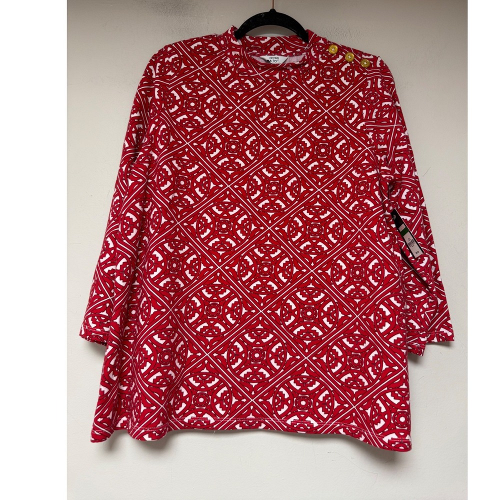 Crown & Ivy Tunic Top‎ Womens Large Red White NEW Geometric Mock Neck 3/4 Sleeve